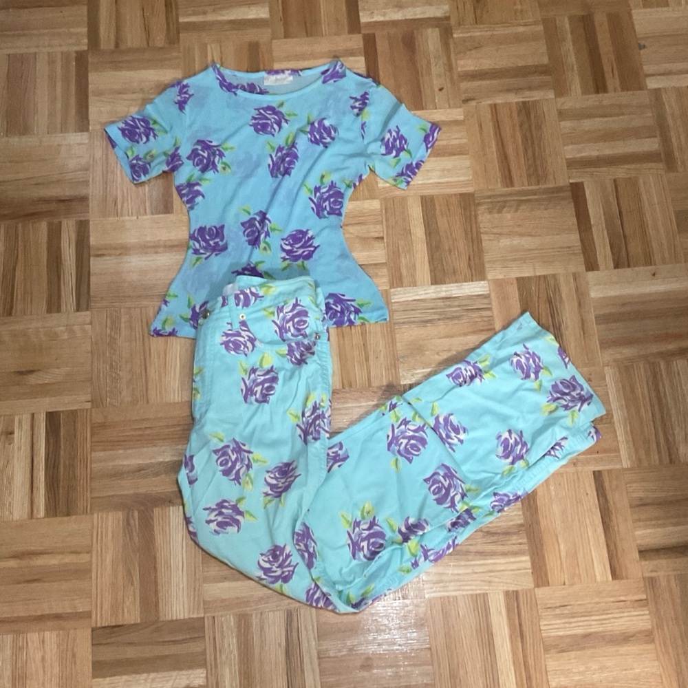 Chic Women's Floral Pantsuit - Light Blue and Purple